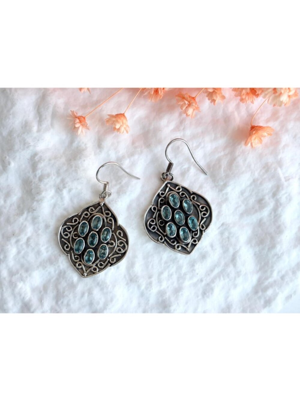 Blue Topaz Gemstone Oval Balinese Inspired Sterling Silver Vintage 925 Earrings - Picture 3 of 14